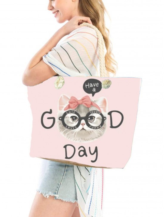 Canvas "Have a Good Day:" Cat Print Shoulder Tote
